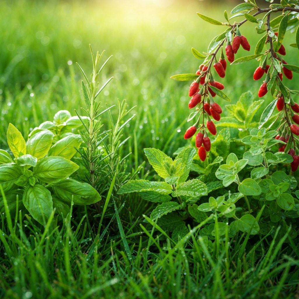 Frische Kräuter und Beeren mit Tau